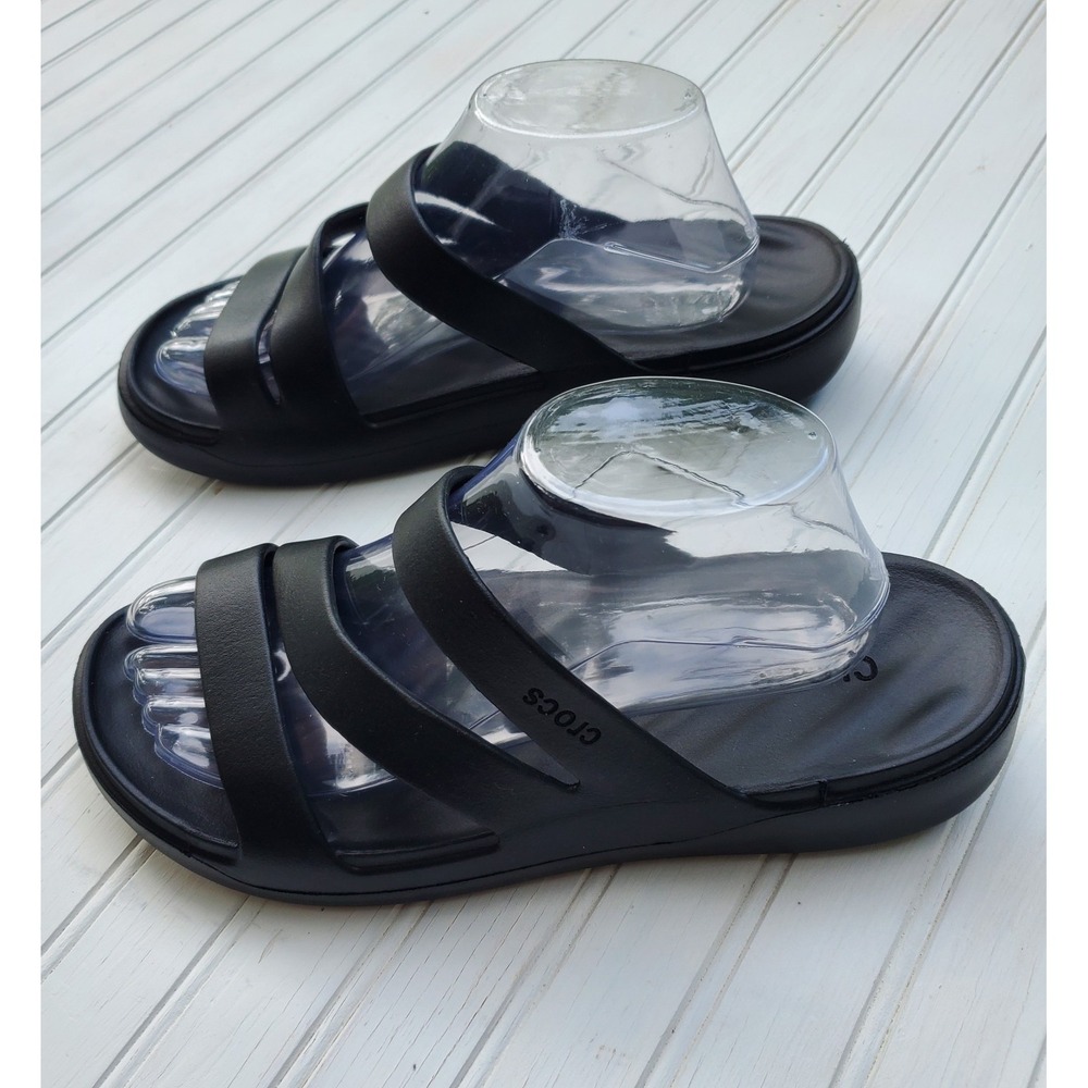 Crocs Brooklyn Low Wedge Sandals Black Three Strap Slide Womens 9 39-40